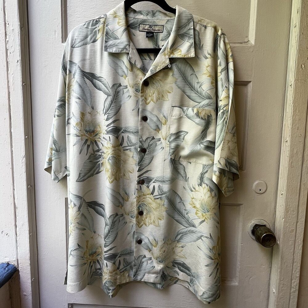 Tommy Bahama silk shirt XL Hawaiian floral tropical Yellow Palm Tree Summer Trip